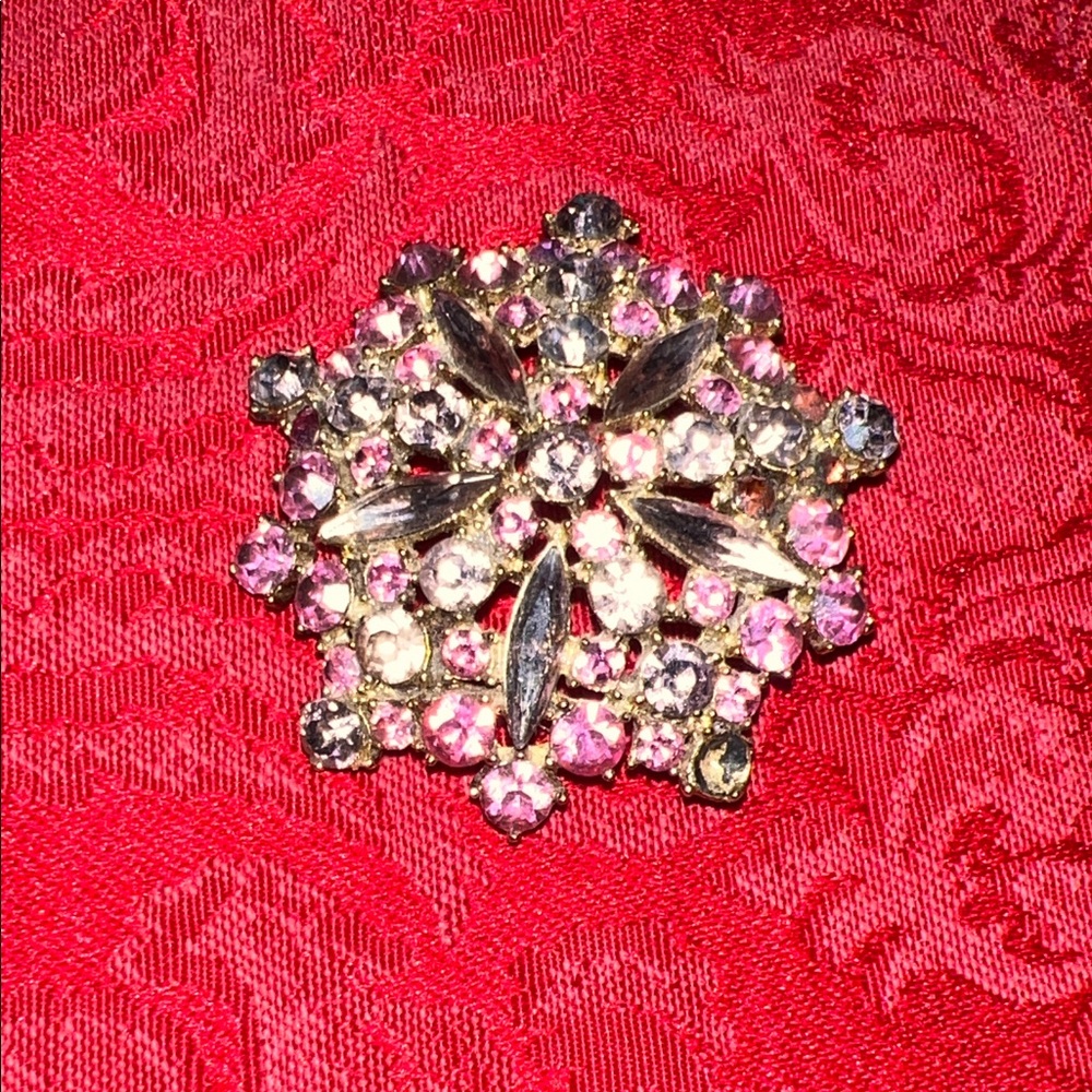 Vintage Mid-Century Floral Brooch Tiered Design with Pink and Clear Crystals
